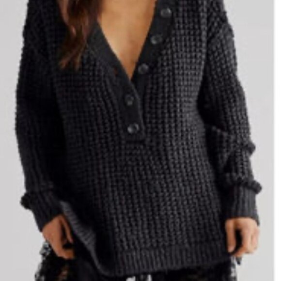 Free People Black V-Neck Sweater with Textured Knit - Picture 6 of 6